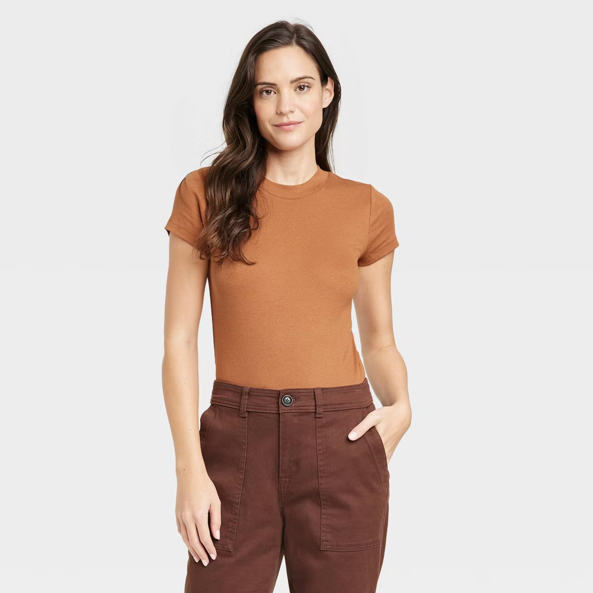Women's Ribbed T-Shirt Bodysuit - A New Day™ Brown L | Target