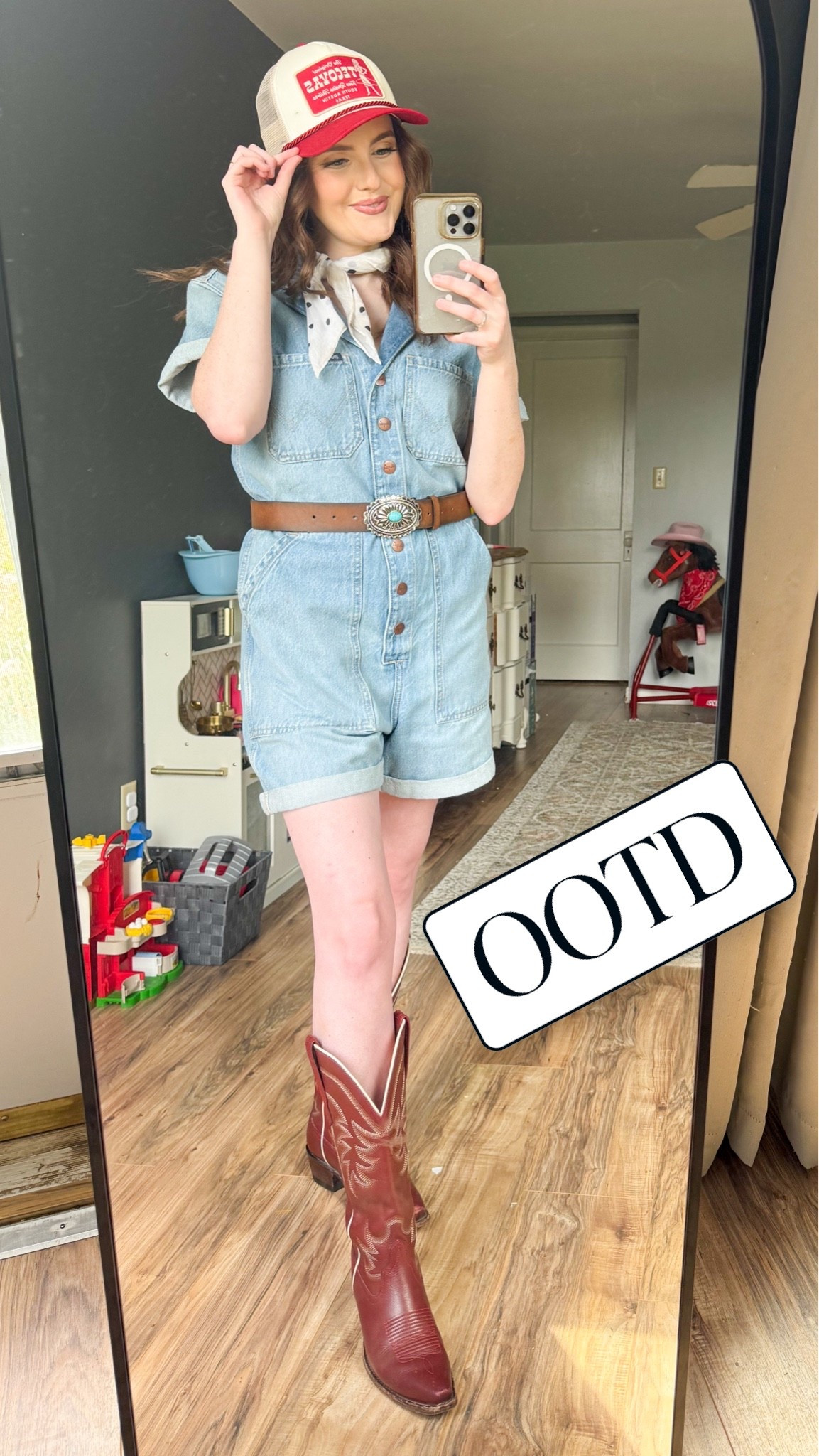 Denim romper + cowboy boots is my go-to summer concert outfit this year 🤠 Styled mine with a turquoise concho belt, white bandana, and dark cherry boots for that western edge. Everything linked!

#LTKootd #LTKSeasonal #LTKdayinmylife