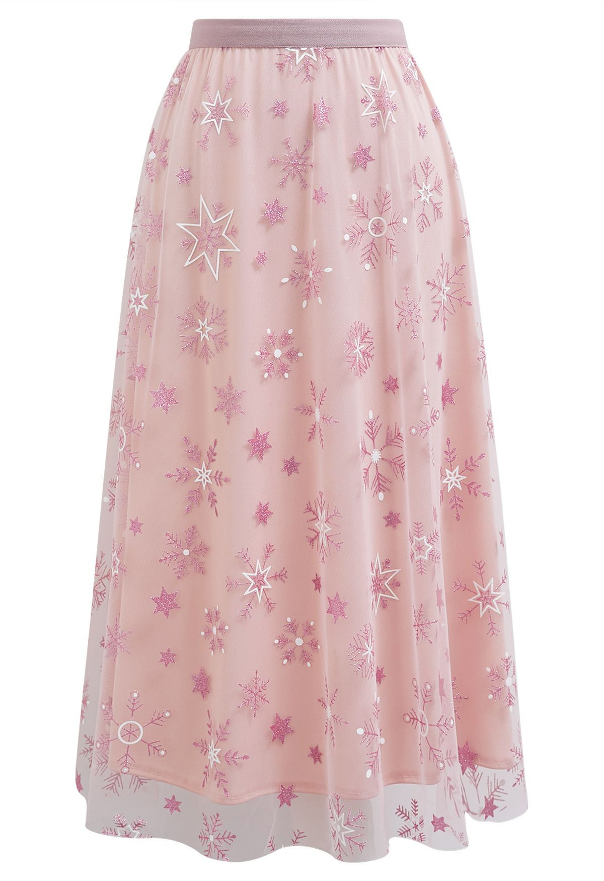 Glitter Star Snowflake Mesh Tulle Midi Skirt in Pink | Chicwish