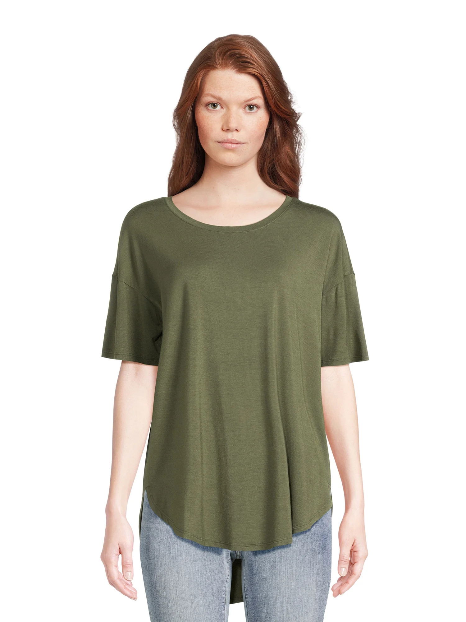 Time and Tru Women's Crewneck Tunic Tee with Short Sleeves, Sizes S-3XL - Walmart.com | Walmart (US)