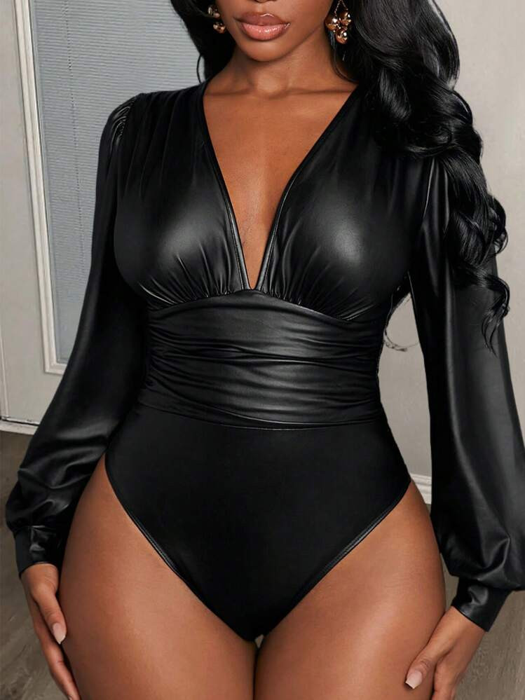 Slaydiva Elegant Deep V-Neck Bubble Sleeve & Waist Pleated Black Pu Coated Bodycon Bodysuit For Women | SHEIN USA | SHEIN