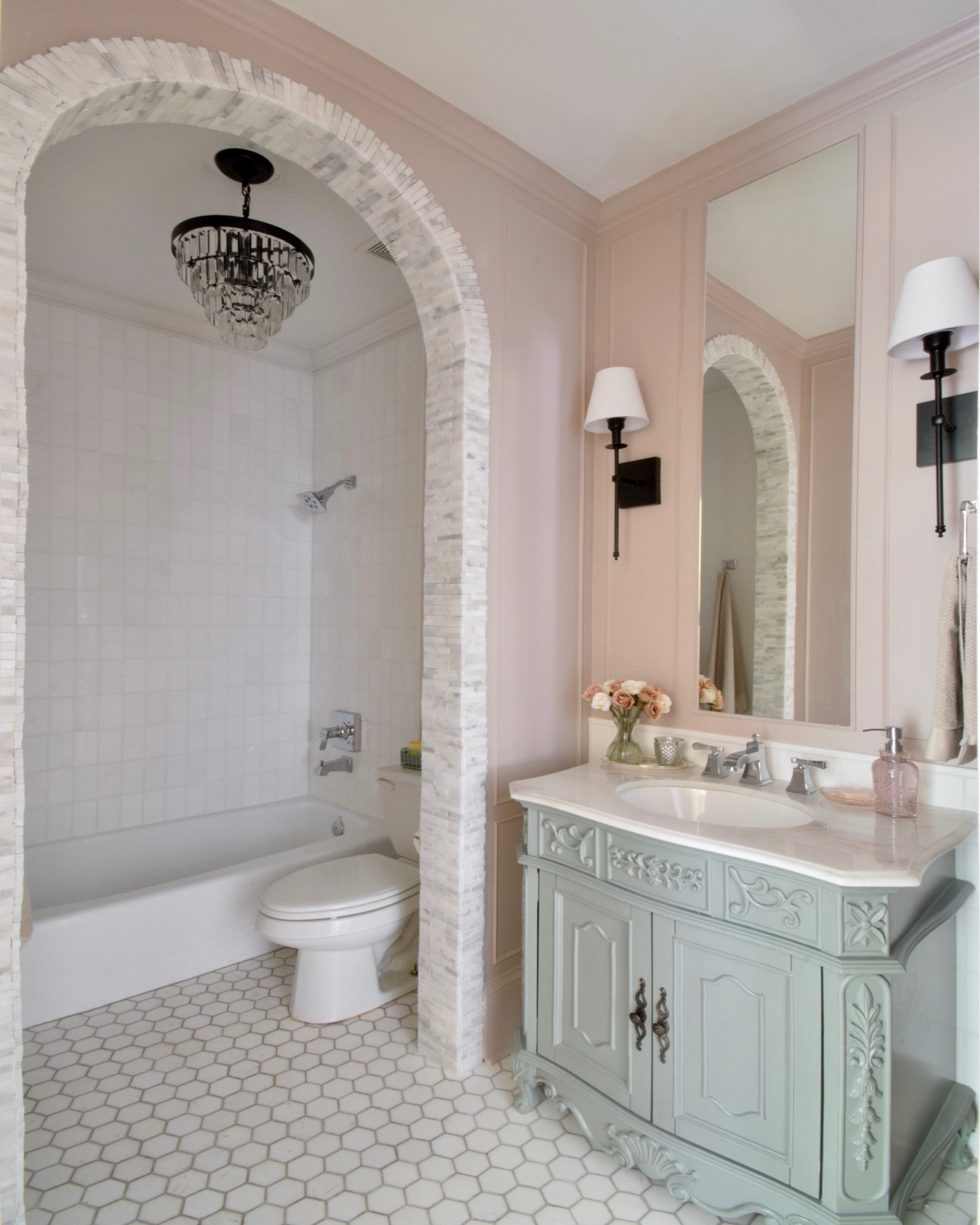 Bathroom design, marble archway, marble subway tile shower walls, hexagon floor, ornate vanity, French inspired

#LTKunder50 #LTKunder100 #LTKhome