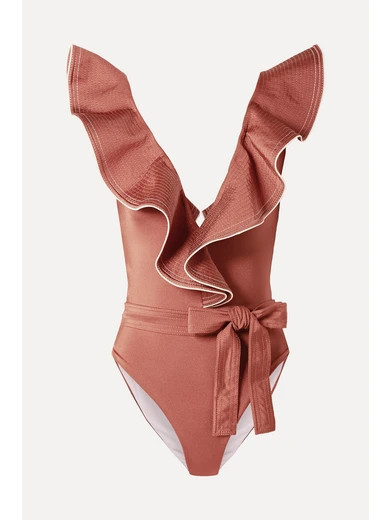 Johanna Ortiz - Wild Youth Belted Ruffled Cutout Swimsuit - Brick | NET-A-PORTER (US)