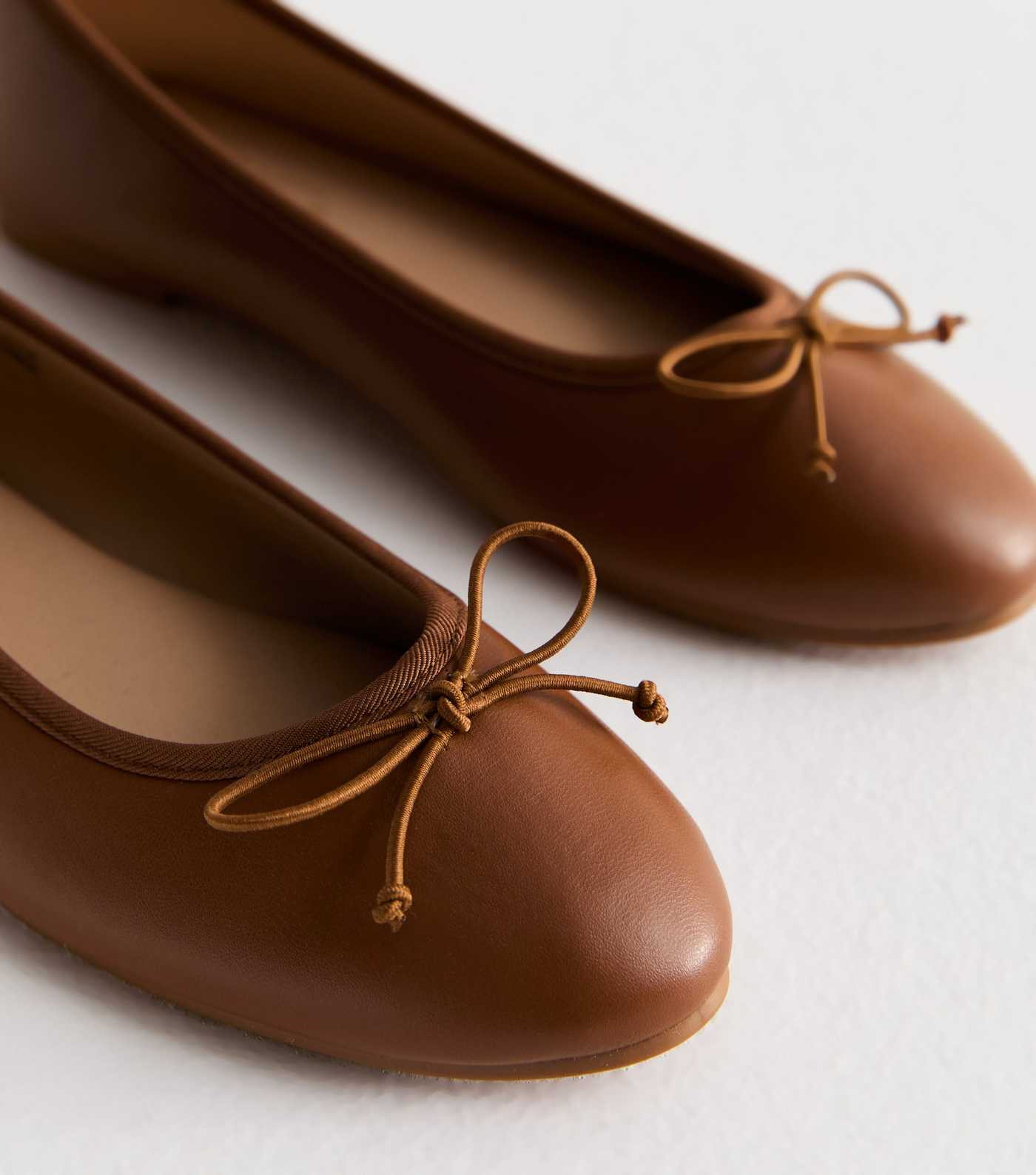 Tan Bow-Trim Flat Leather-Look Ballerina Shoes  | New Look | New Look (UK)