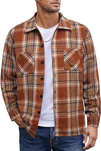 COOFANDY Men's Flannel Shirts Casual Button Down Plaid Shirt Jacket Long Sleeve Fleece Shacket wi... | Amazon (US)