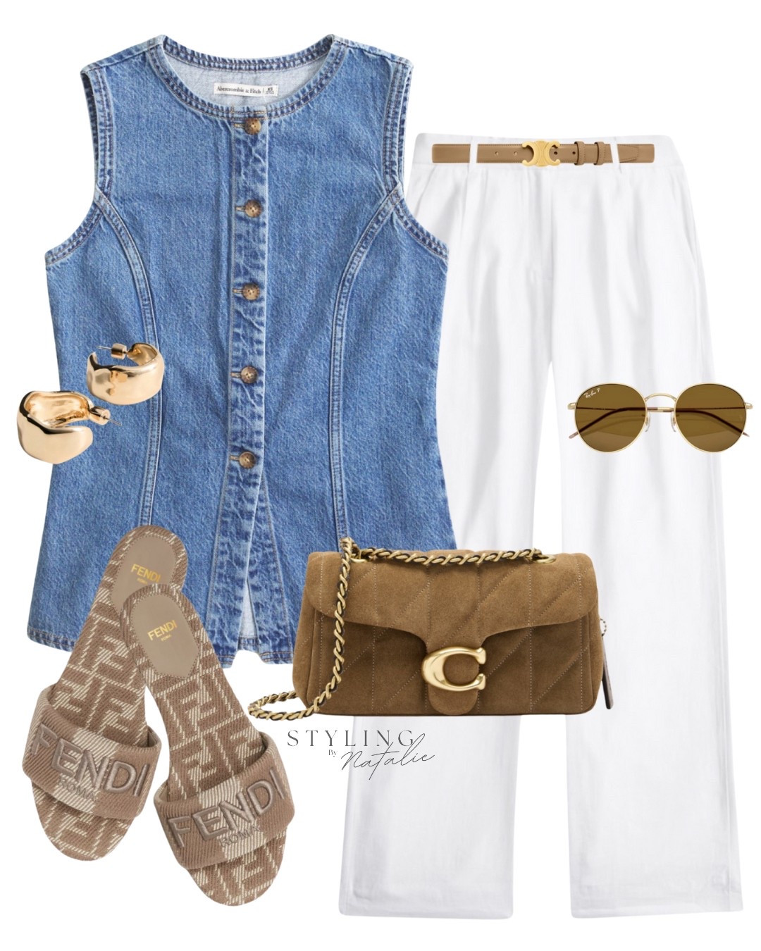 Spring/Summer outfit- Denim waistcoat, white tailored linen trousers, Fendi slides, suede Coach tabby bag, Celine belt, Rayban sunglasses and chunky gold earrings. 
Casual chic, summer outfit, casual chic, denim vest, smart casual, suede bag, linen pants, Abercrombie style.

#LTKeurope #LTKstyletip #LTKsummer