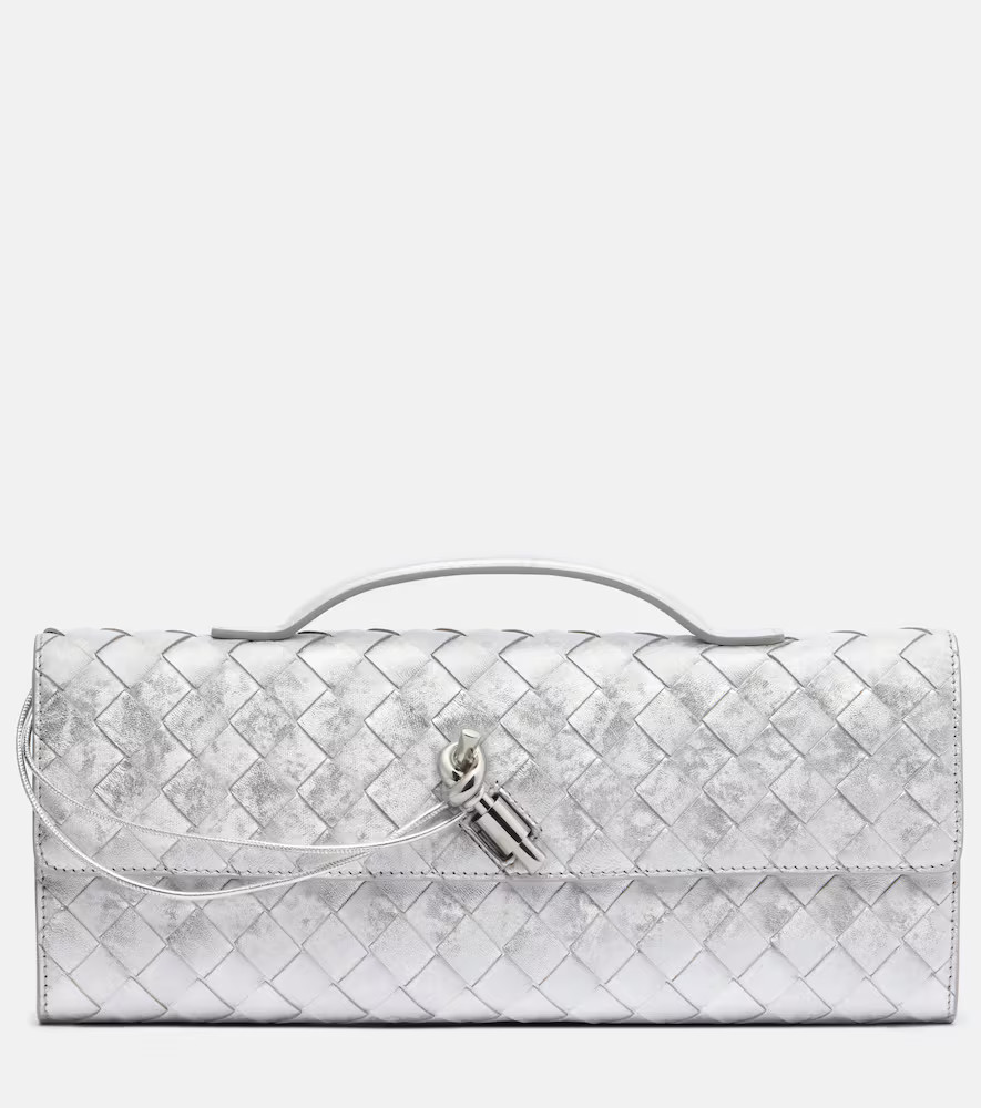 Bottega Veneta Andiamo Intrecciato metallic leather clutch | Mytheresa (UK)