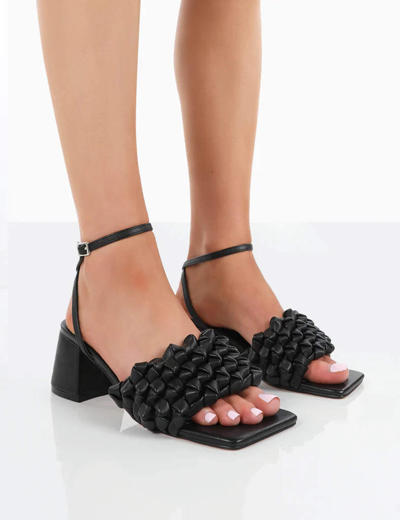 Got This Black Pu Woven Square Toe Block Mid Heeled Mule Sandals | Public Desire