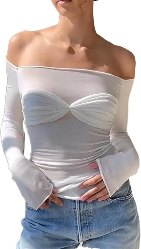 Women Y2k Off Shoulder Long Sleeve Tees Slim Fit Stretchy Top Solid Color Backless Tshirt Fashion... | Amazon (US)