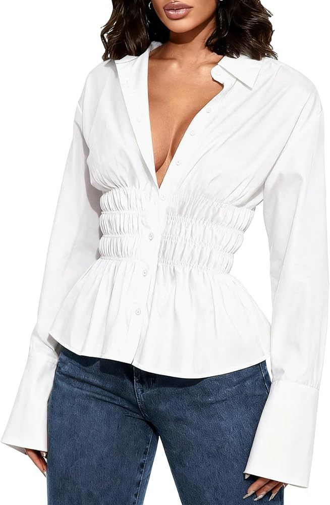 Women Long Sleeve Button Down Fitted Shirts Collared Cinched Waist Tops Office Work Blouse | Amazon (US)