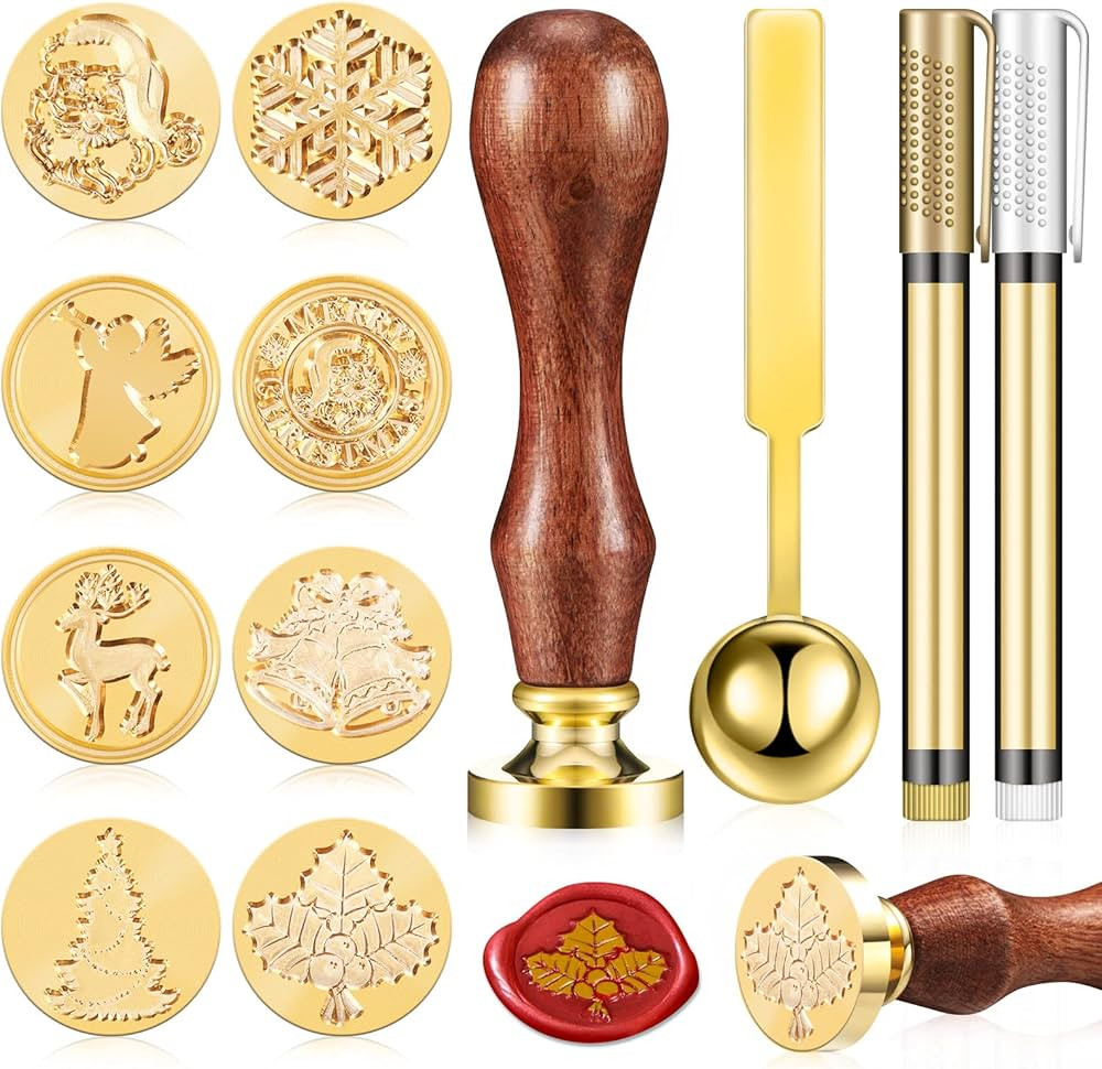 12 Pieces Xuniea Christmas Wax Seal Stamp Set Seal Wax Stamps with Wooden Handle, Melting Spoon, ... | Amazon (US)