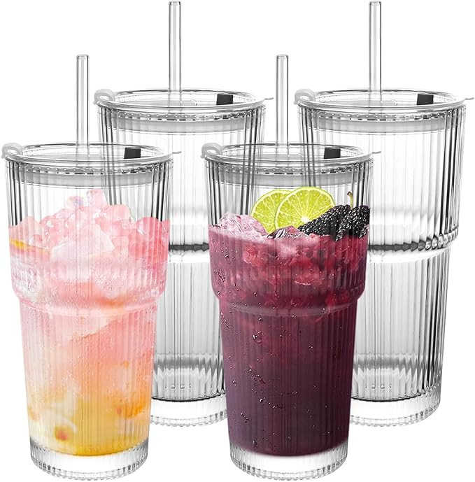 Ribbed Drinking Glasses ,with Lids and Glass Straws Glass Cup,19oz Glass cup,4 Pack Old Fashioned... | Amazon (US)