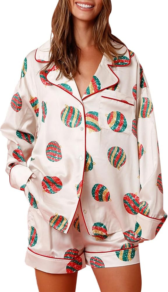 Women Christmas Pajamas Shorts Set Santa Claus Pjs Long Sleeve Button Down Shirt+Pants 2 Piece Xm... | Amazon (US)