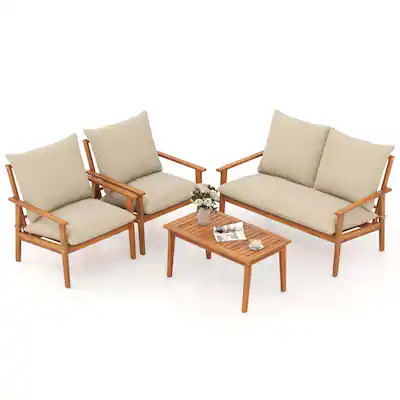 Costway - 4 PCS Acacia Wood Patio Furniture Set with Soft Cushions and Coffee Table - Off White,N... | Best Buy U.S.