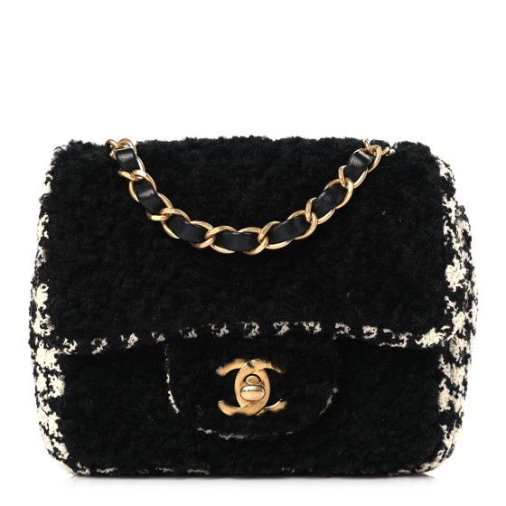 Shearling Tweed Quilted Mini Square Flap Bag Black White | FASHIONPHILE (US)