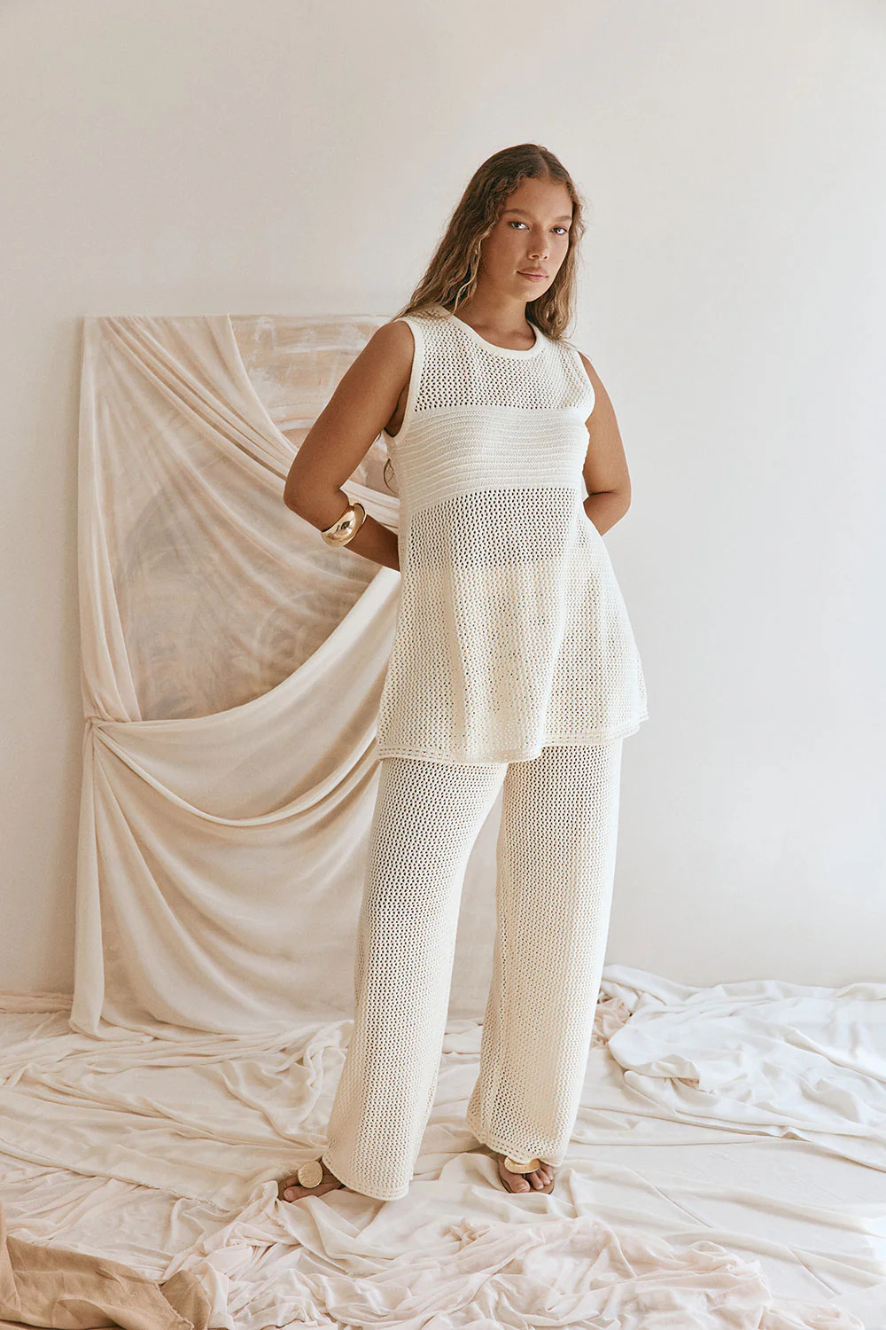 Cream Knit High Waist Relax Alara Pants | Sabo Skirt AU