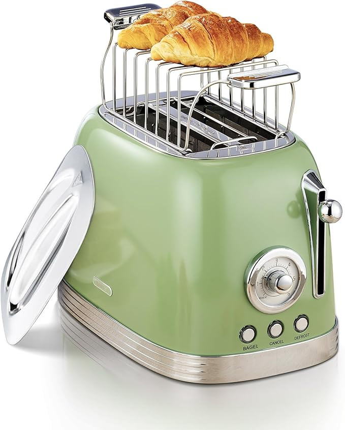 Green Cute Retro Toaster 2 Slice with 1.58" Wide Slots, with Stainless Steel Lid, with Warming Ra... | Amazon (US)