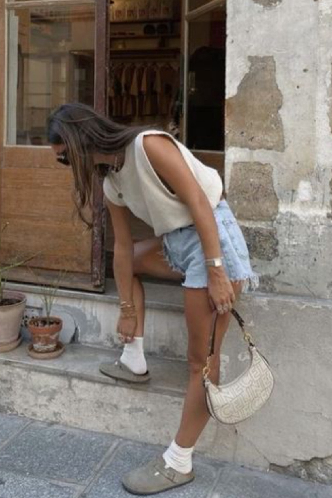 Summer outfit 
Denim shorts
Sleeveless knit tops
Summer tops
Boston Birkenstocks 
Cute summer outfits 
Everyday outfits 
Casual outfits 
Vacation outfits 