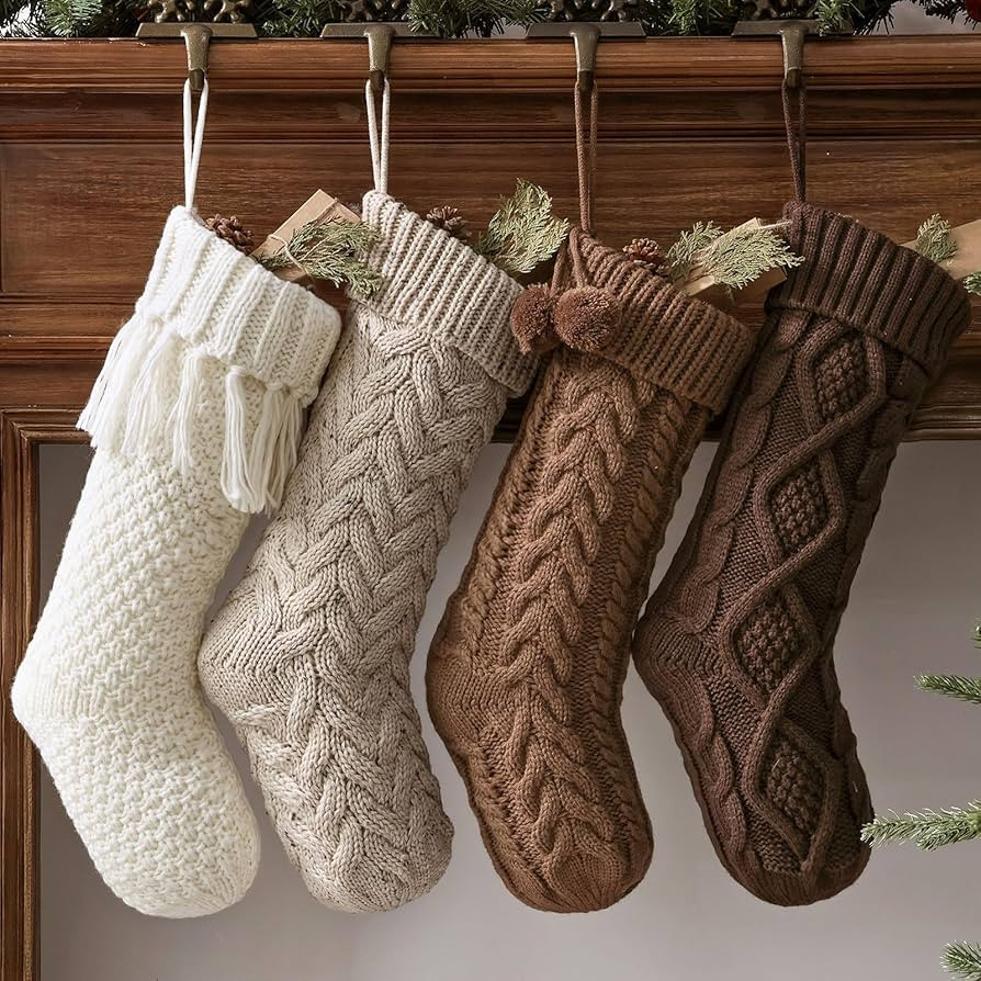 Farmhouse Knitted Christmas Stockings: 4 Pack 18 Inch Rustic Neutral Cable Knit Fireplace Stockin... | Amazon (US)