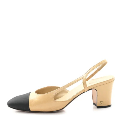 Goatskin Grosgrain Cap Toe CC Slingback Pumps 38.5 Beige Black | FASHIONPHILE (US)