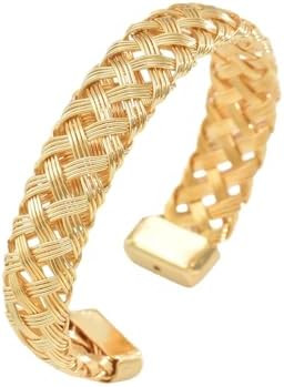 Gold Woven Bracelet Chunky Metal Cuff Bracelet 18K Gold Plated Woven Herringbone Mesh Bracelet Tr... | Amazon (US)