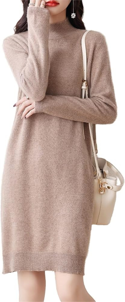 100% Merino Wool Sweater Dress Women's Long Sleeve Mock Neck Pullover Autumn Winter Knitted Long ... | Amazon (US)