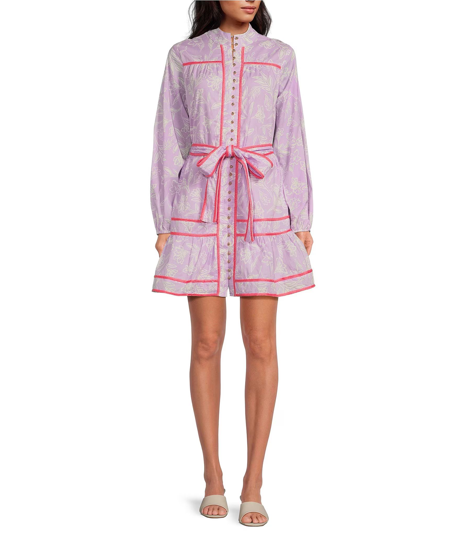 Vivian Floral Print Button Front Long Sleeve Belted Side Pocket Tiered A-Line Mini Dress | Dillard's