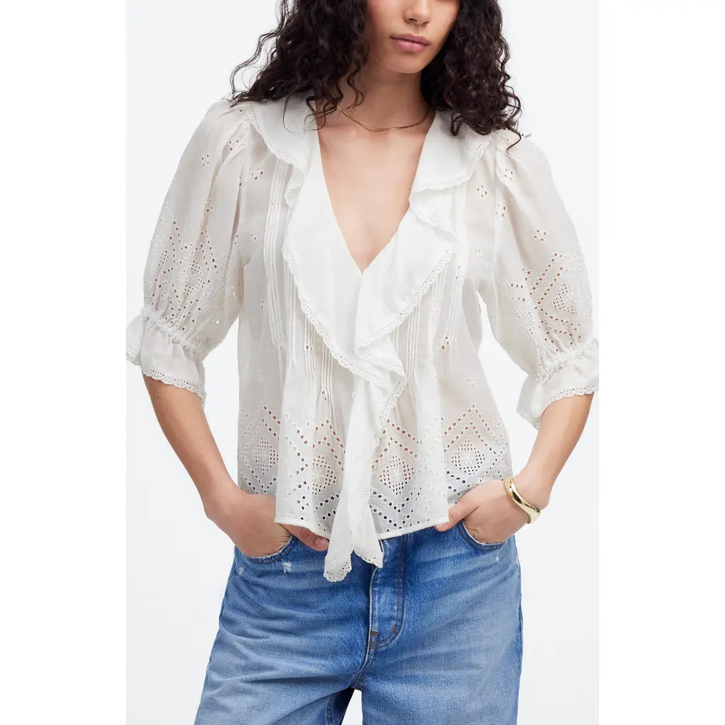 Madewell Pintuck Ruffle Puff Sleeve Top in White at Nordstrom, Size Medium | Nordstrom
