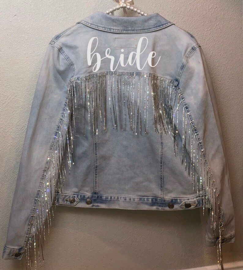 Rhinestone Fringe Vintage Wash Denim Jacket | Etsy (US)