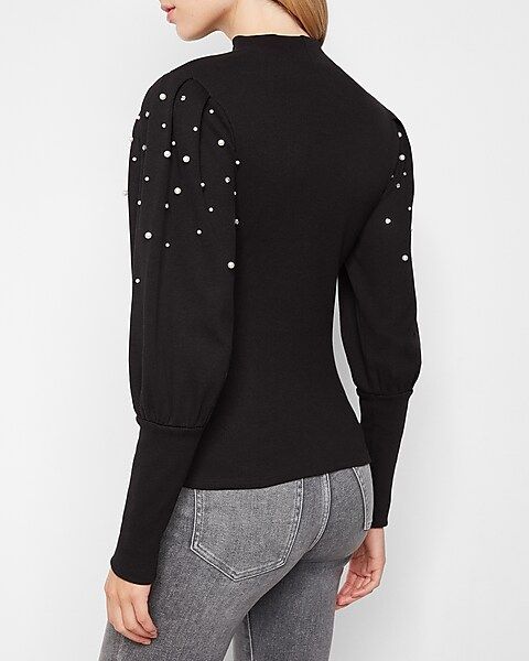 Embellished Mock Neck Puff Sleeve Top | Express