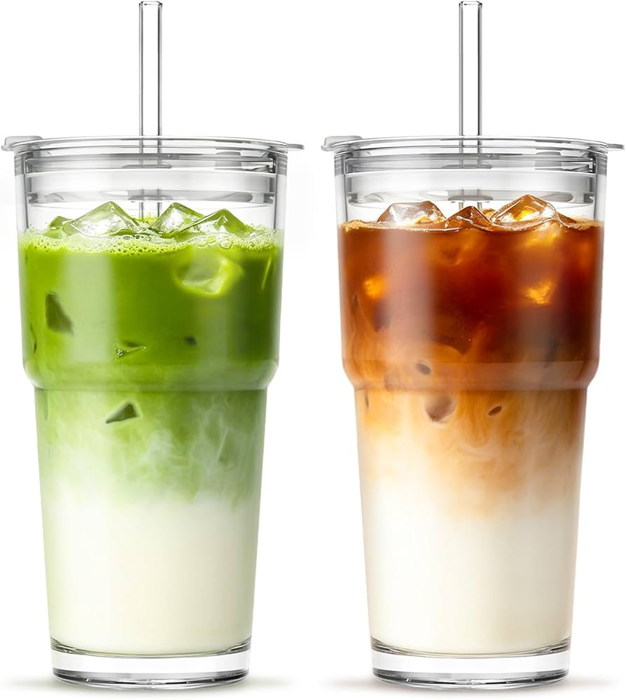 INSETLAN 20oz Clear Glass Cup with Lid and Glass Straw, Set of 2 Thickened Glass Coffee Tumblers,... | Amazon (US)