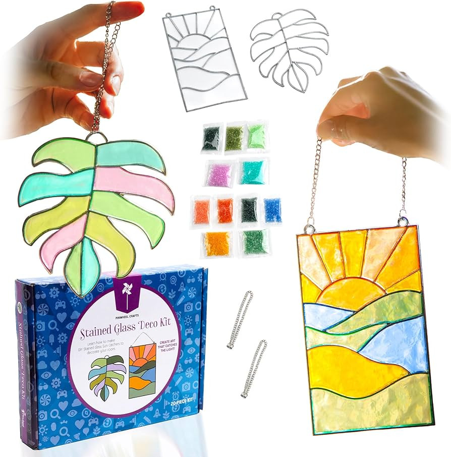 Pinwheel Crafts DIY Stained Glass Kit for Kids - Stain Glass Art Gift Set with 2 Decorative Frames, Hanging Chain, Ring and Colored Beads - Fun Windows Art Suncatcher Kit for Kids, Teens and Adults | Amazon (US)