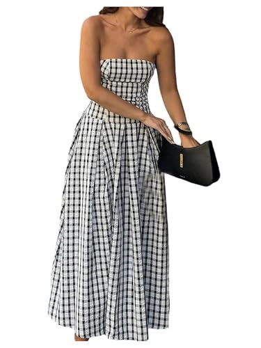 Milumia Women's Plaid Tube Maxi Dress Strapless Sleeveless Flared A Line Long Dresses Black and White X-Large | Amazon (US)
