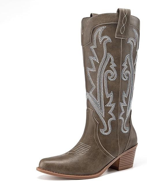 Athlefit Women's Embroidered Western Cowboy Boots Fashion Pointed Toe Chunky Heel Mid Calf Cowgir... | Amazon (US)