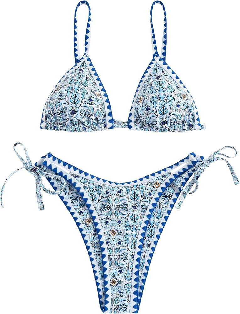 ZAFUL Women's Swimsuits Boho Floral Print String Thong Bikini Set Sexy High Cut Swimwear Bathing ... | Amazon (US)