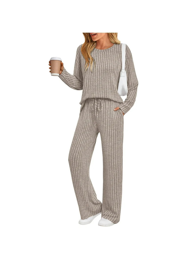 SUNBS Two Piece Lounge Sets for Women Pajamas Set Wide Leg Pants Ribbed Knit Winter Matching 2 Pi... | Walmart (US)