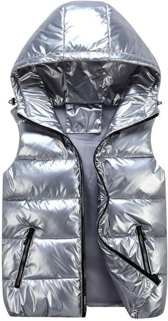 FindThy Women’s Shiny Puffer Down Vest Quilted Zip Up Hat Collar Pocketed Sleeveless Jacket | Amazon (US)