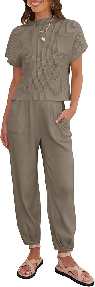 ZESICA Women's 2 Piece Outfits Sweater Set Short Sleeve Mock Neck Knit Pullover Top High Waist Pant  | Amazon (US)