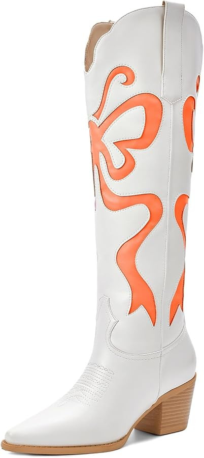 Cowgirl Boots - Womens Cowboy Boots with Colorful Bows Embroidered Western White Knee-High Boots ... | Amazon (US)