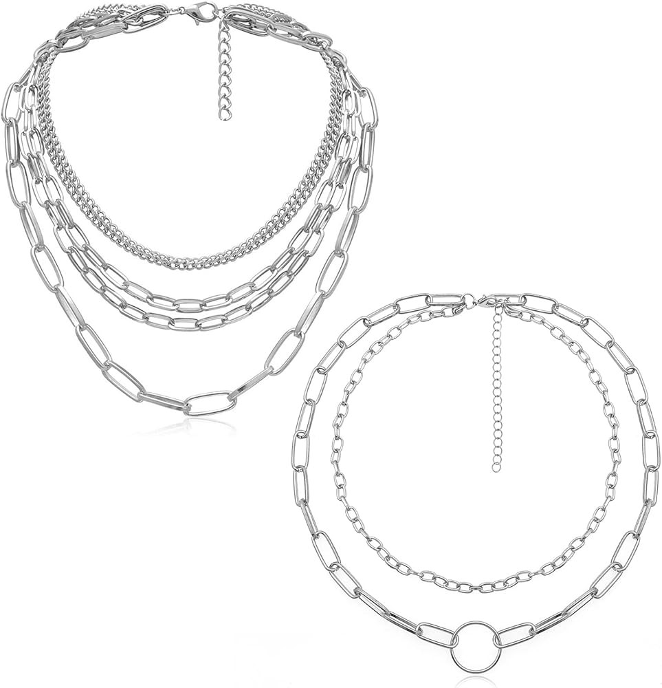 Silver Layered Necklaces for Women Simple Punk Chunky Necklaces Silver Chain Goth Necklace | Amazon (US)