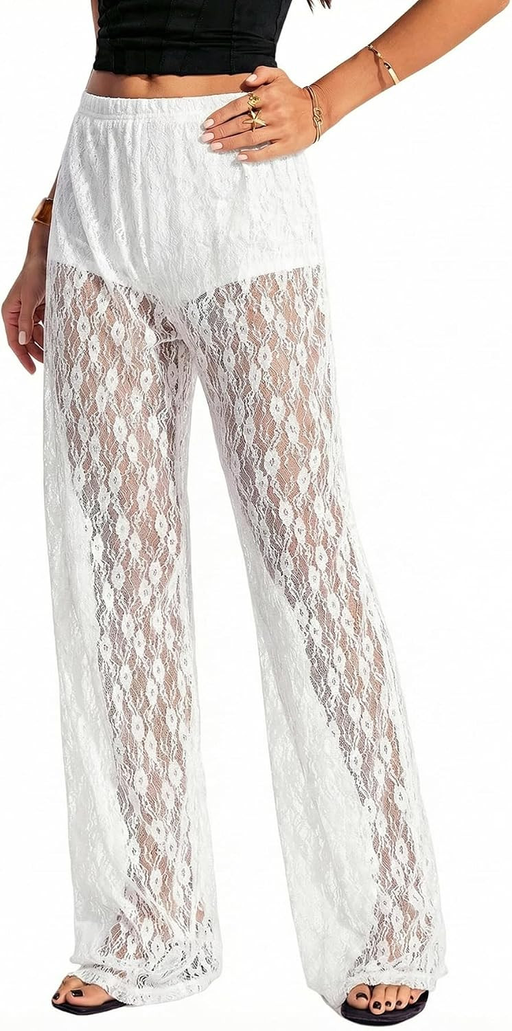 RoseSeek Women's Lace Pants Y2K Floral Sheer Straight Leg Long Pant | Amazon (US)