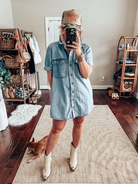 Country concert outfit idea! ✨ 
I’m size 8/M and 5’6 
This denim dress is so cute! If it feels too short on you it would also be adorable opened over white, black or denim shorts with a tee or tank too! 
•Dress M
•Boots TTS 
•Trucker hat is @threebirdnest save with code MANDIE


#LTKStyleTip #LTKOver40 #LTKFestival