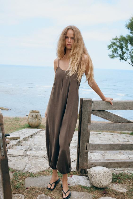 Zara - Long Flowy Strappy Jumpsuit - Dark Brown - Xl - Woman | Zara US