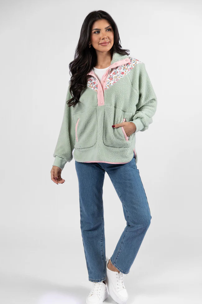 Good Feelings Sage Floral Multi Colorblock Sherpa Pullover DOORBUSTER | Pink Lily