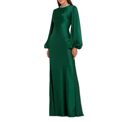 Mac Duggal Beaded High Neck Bishop Sleeve Satin Gown in Emerald at Nordstrom, Size 14 | Nordstrom