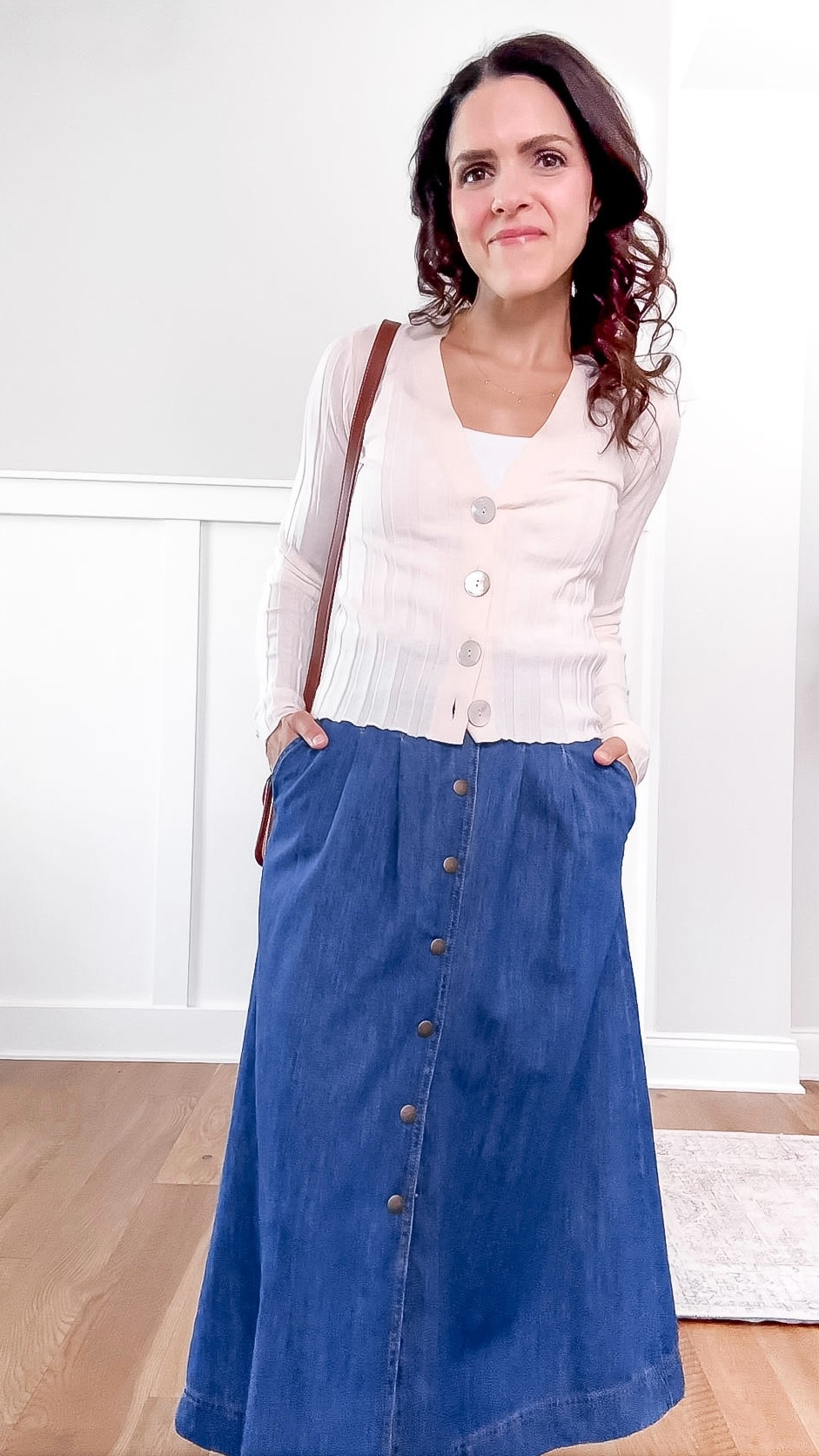 Spring outfit style guide idea 

Denim skirt: @SEZANE , tts
Cardigan: @Madewell , linked similar
Flats: @Reformation , tts 
Bag: @SEZANE  

#LTKootd #LTKgrwm