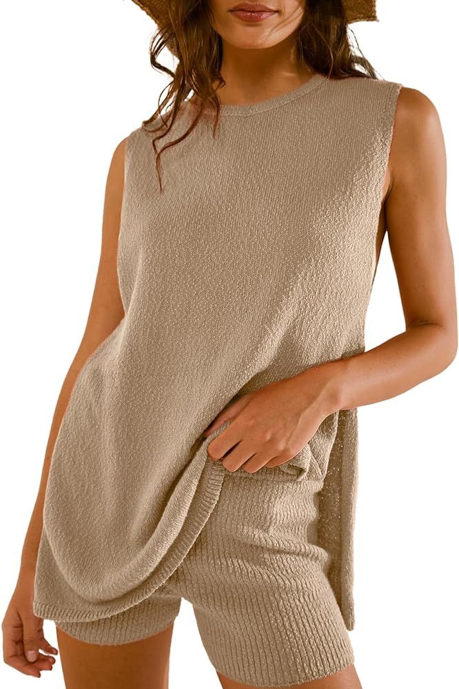 Glamaker Women's 2 Piece Shorts Sets Summer Sweater Ribbed Knit Tunic Top Matching Set Beach Vaca... | Amazon (US)