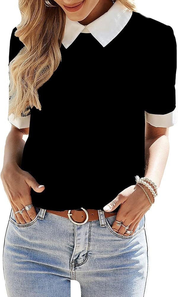 Verdusa Women's Colorblock Contrast Polo Collar Short Sleeve Blouse Shirt Top | Amazon (US)