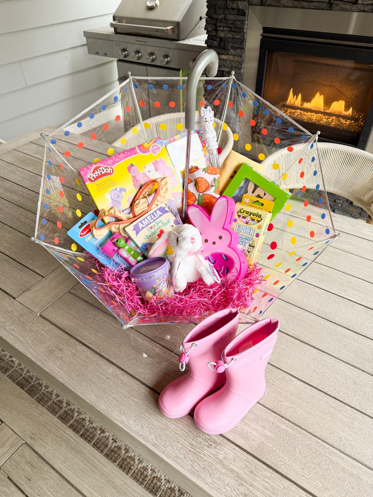Easter umbrella basket idea! 

Kids umbrella, peeps, butterfly binoculars, magnetic tile set, egg decorator, book, rain boots, play-doh, wood bunnies, flower dress, strawberry tank dress, ruffle one piece, paper shreds

#LTKKids #LTKSeasonal #LTKHome