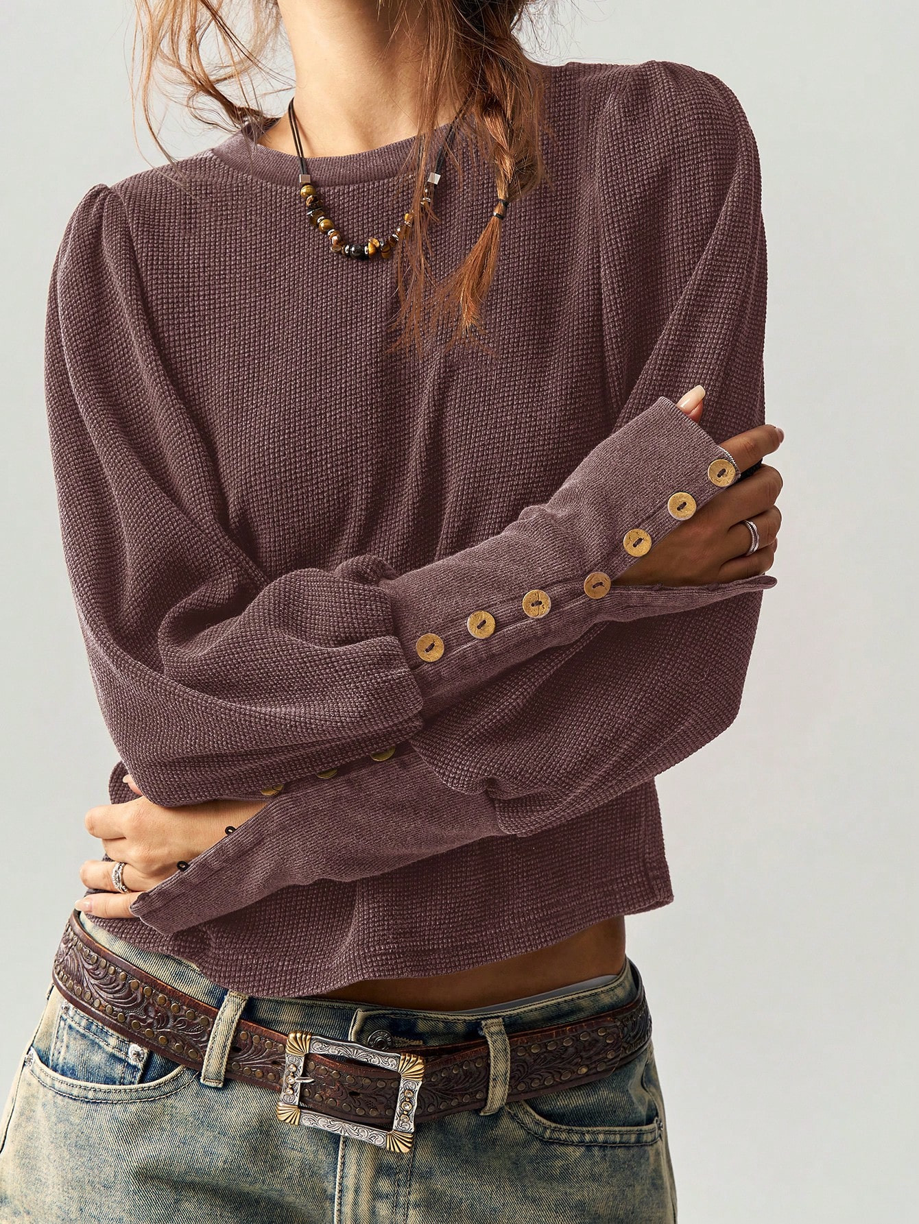 SHEIN BohoFeels Women Regular Fit Solid Color Knit Crew Neck Long Sleeve T-Shirt, Casual | SHEIN